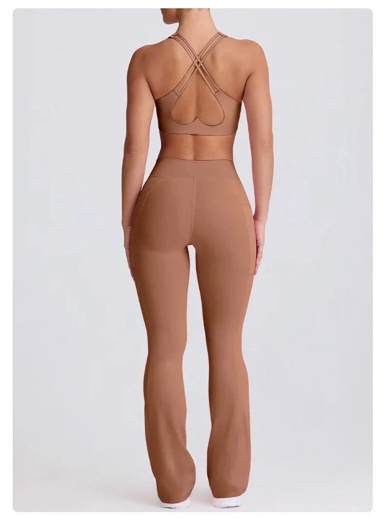 2PCS Yoga Set Women Sports Bra Sexy Gym Top Cross Strap Breathable Fitness Bra Peach Hip Yoga Pants Workout Clothes Sportswear