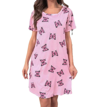Summer Butterfly Prints Sexy Short Sleep Shirts Women Milk Silk Nightgowns Sleepwear Lingerie S-XL Plus Size Night Dress Women
