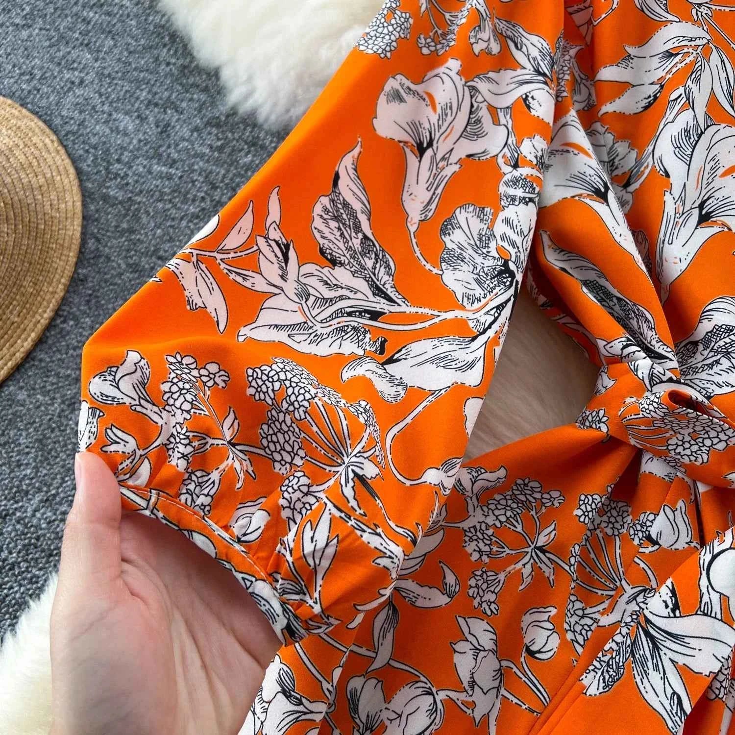 Elegant Boho Floral Print Floral Pleated Maxi Long Dress Female V Neck Puff Sleeve Belt Dresses Women Summer Dress Robe