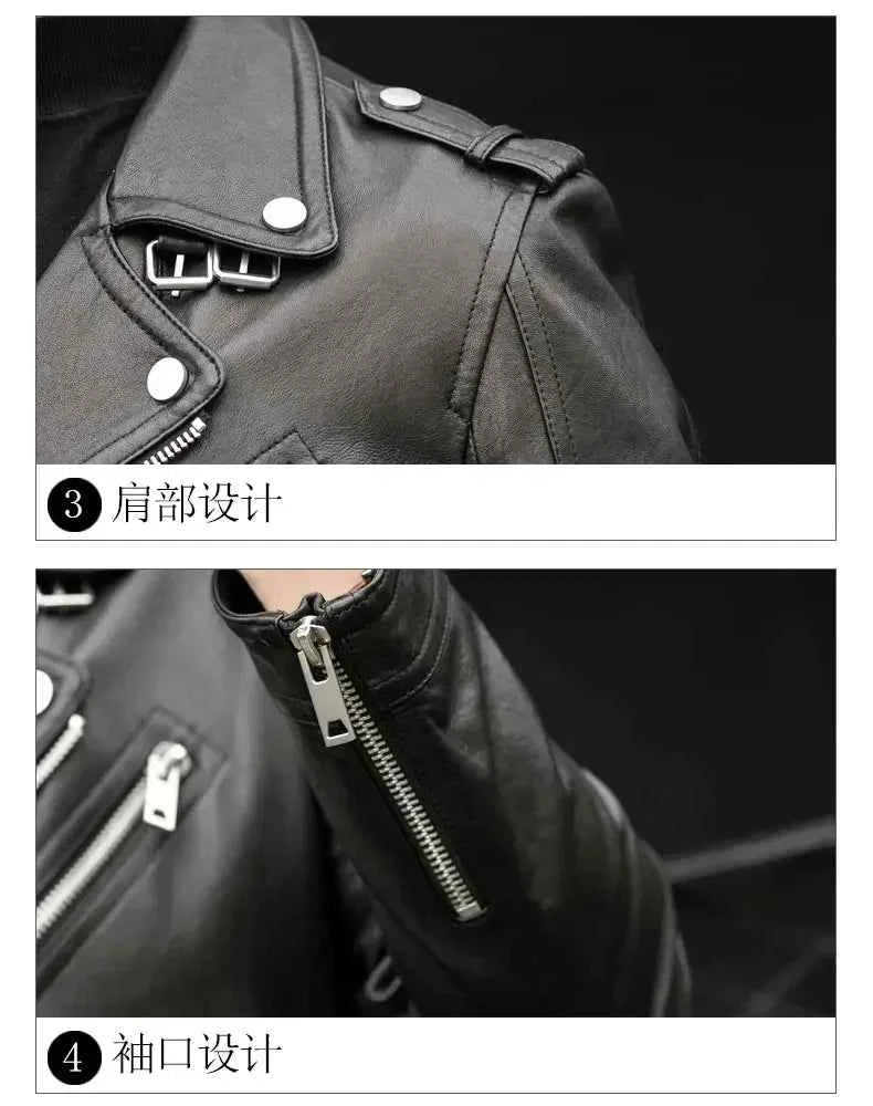 Spring Autumn Short Cool Black Leather Biker Jacket Men Zipper Long Sleeve Belt Plus Size European Fashion brand leather jackets