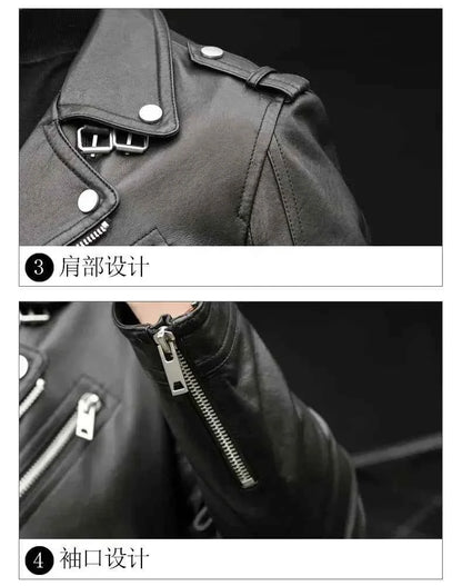 Spring Autumn Short Cool Black Leather Biker Jacket Men Zipper Long Sleeve Belt Plus Size European Fashion brand leather jackets