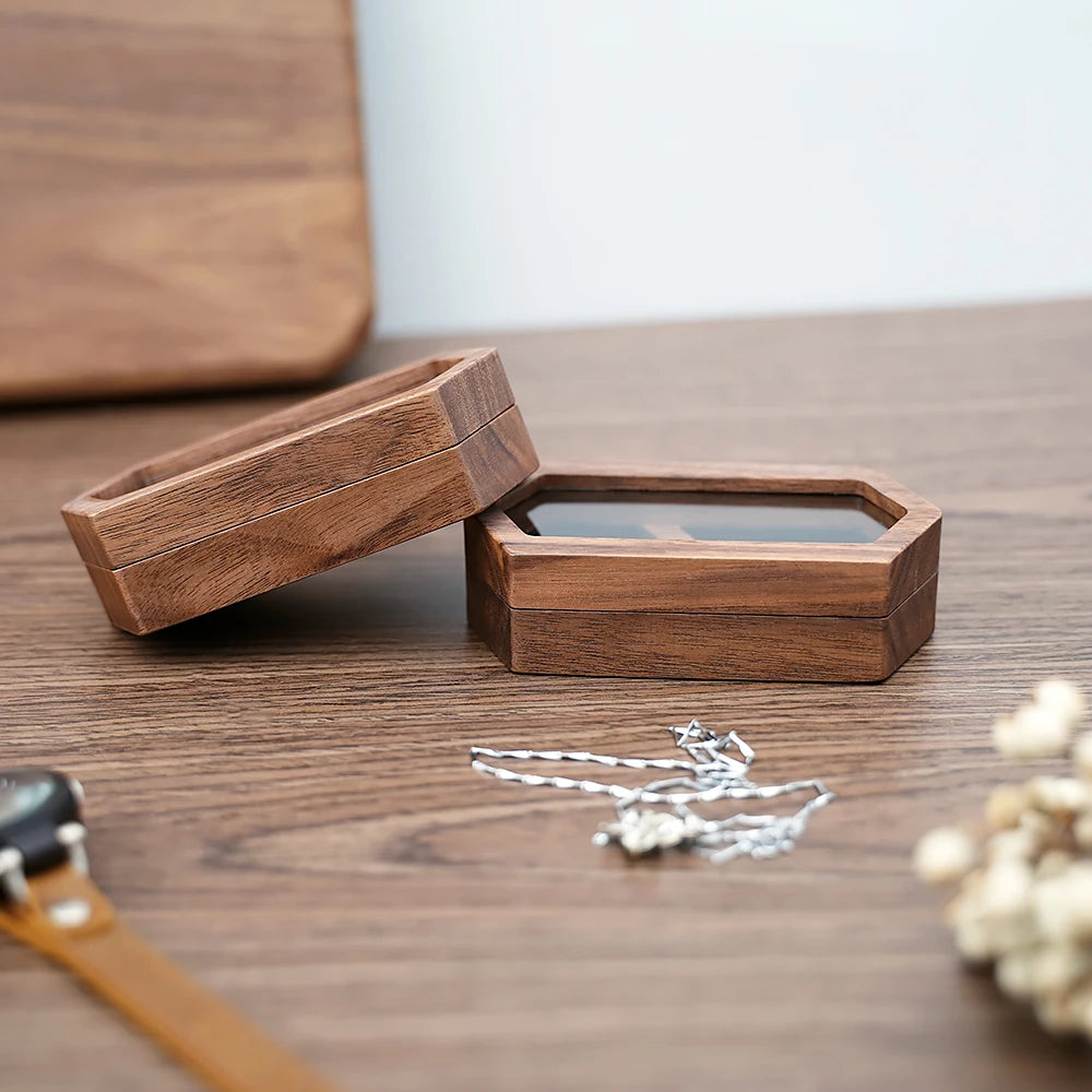 Ring Box Jewelry Storage Engagement Wedding Ceremony Ring Customize Proposal Ring Rustic Wedding Gift for Girl Walnut Wood - AMULET RING STORE