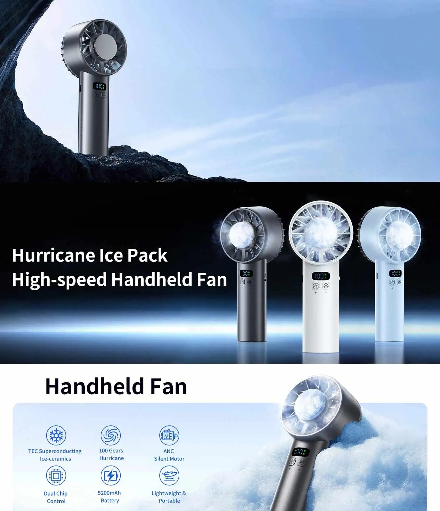Large capacity handheld fan 5200 mAh High speed refrigeration handheld fan 100 speed outdoor mini fan USB charging portable fan