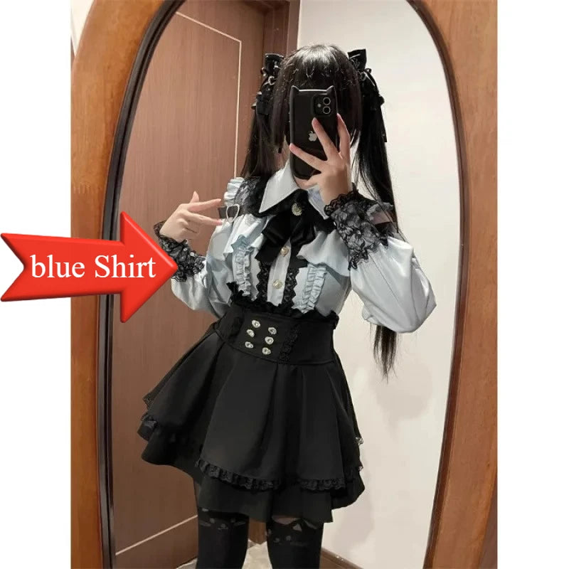 Sweet Gothic Lolita Two Piece Set, Off Shoulder Blouse + High Waist Skirt, Kawaii Tri-color Lace Coord Outfit for Women & Teens