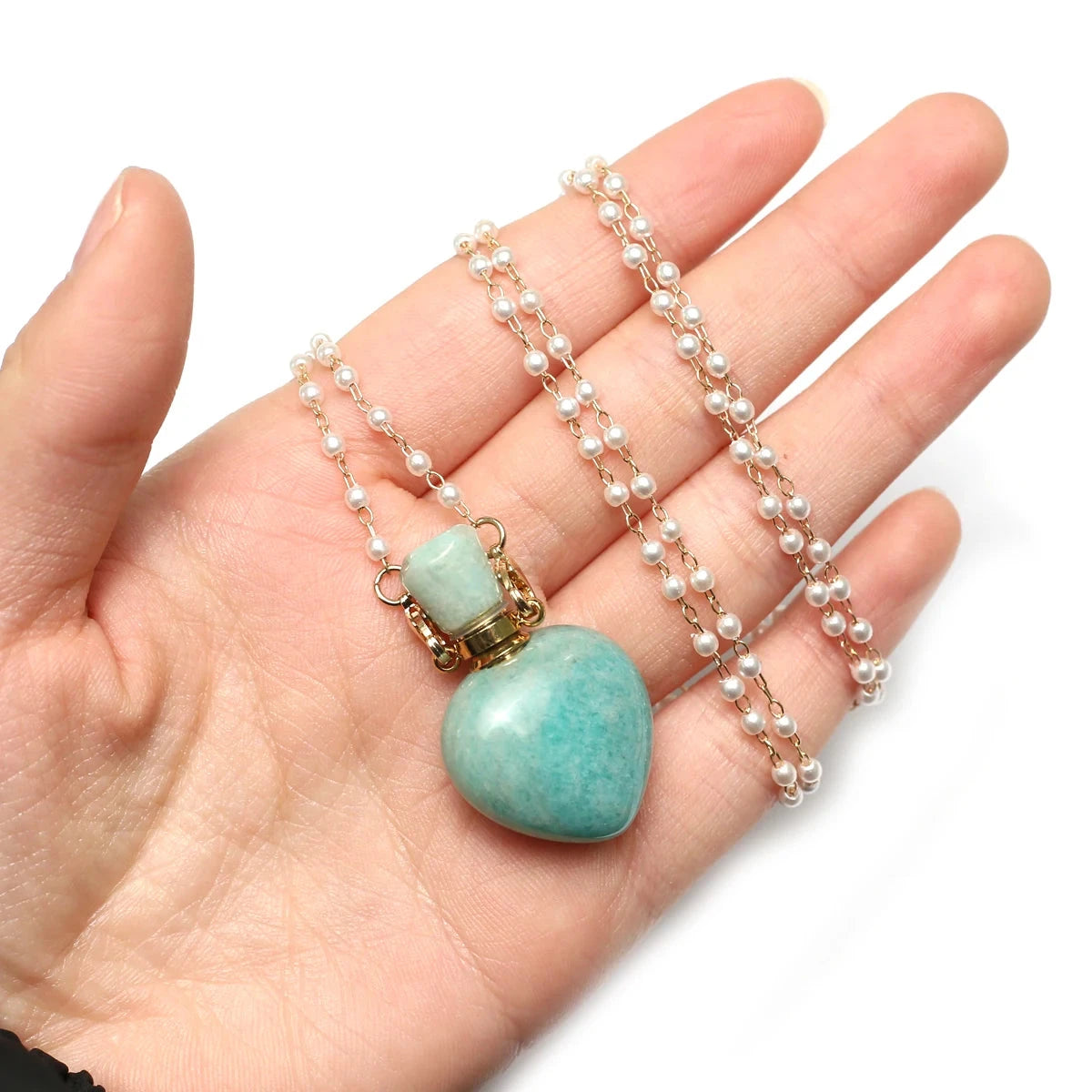 Natural Stone Amazonite Perfume Bottle Pendant Pearl Gravel Chain Essential Oil Diffuser Charms Women Jewerly Necklace 31 Inches - AMULET RING STORE