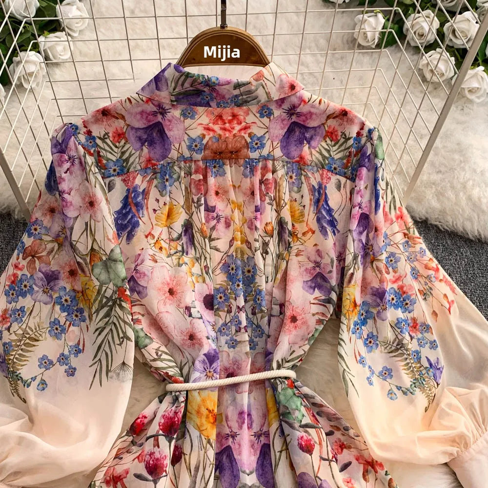 Faionable Print Long Dr Women's Spring Belted Waist Pleated Lantern Sve Turn-down Collar Dr Korean Sle Commute