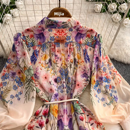 Faionable Print Long Dr Women's Spring Belted Waist Pleated Lantern Sve Turn-down Collar Dr Korean Sle Commute