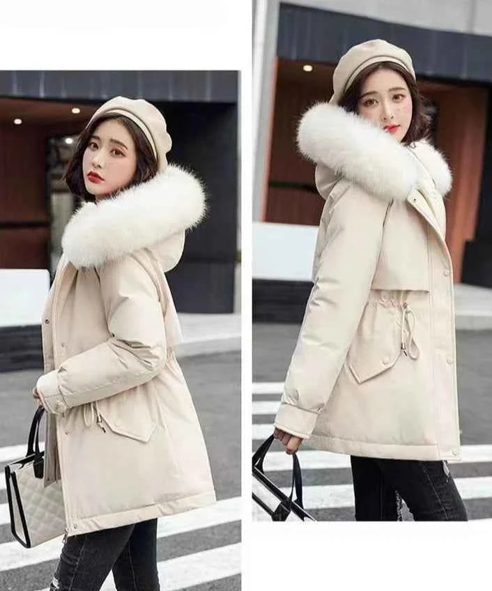 2025 Winter Women's Parka Cotton Padded Coat Korean Style Mid Length Waist Cinching Thickened for Cold Suitable for Short Girls