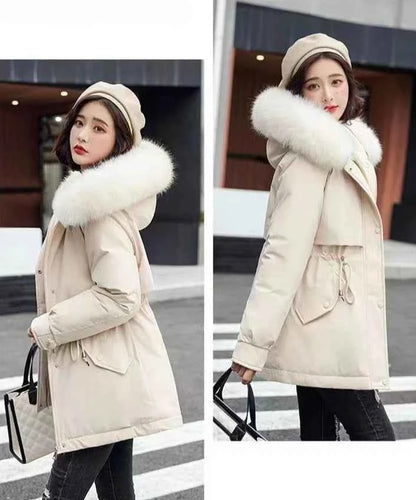 2025 Winter Women's Parka Cotton Padded Coat Korean Style Mid Length Waist Cinching Thickened for Cold Suitable for Short Girls