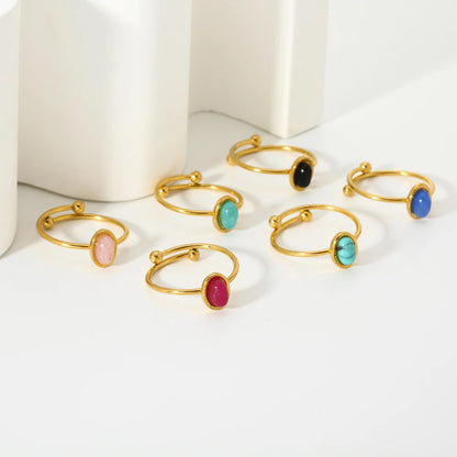 Stainless steel 18k Gold plated Minimalist ring Natural stone Obsidian Adjustable Stackable ring for Women