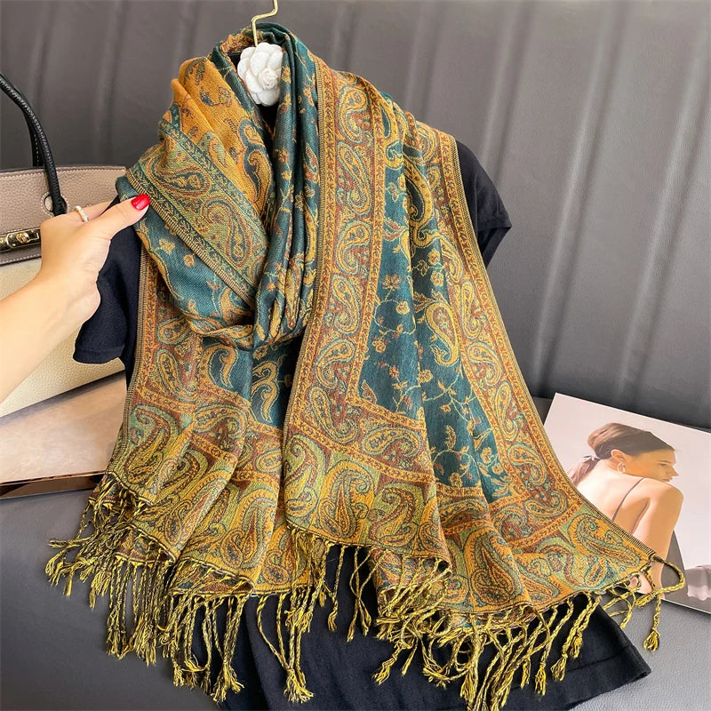 Women National Style Flower Pattern Scarf Jacquard Pashmina Cashmere Tassel Classic Shawl Coldproof Warm Neck Protection