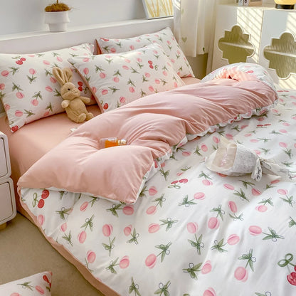 Korean Retro Floral Bedding Set 100% Washed Cotton Bed Sheets Set Soft Duvet Cover Bed Linen Pillowcase Single Double Queen King - AMULET RING STORE