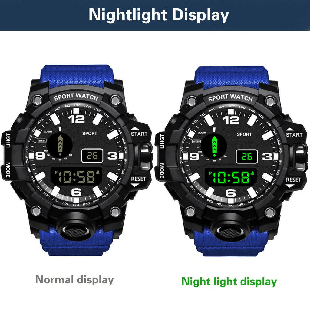 Fashion Men's Watch Sports Electronic Wristwatch Large dial Multifunctional Waterproof Luminous Alarm Kids Male's Military Watch - AMULET RING STORE