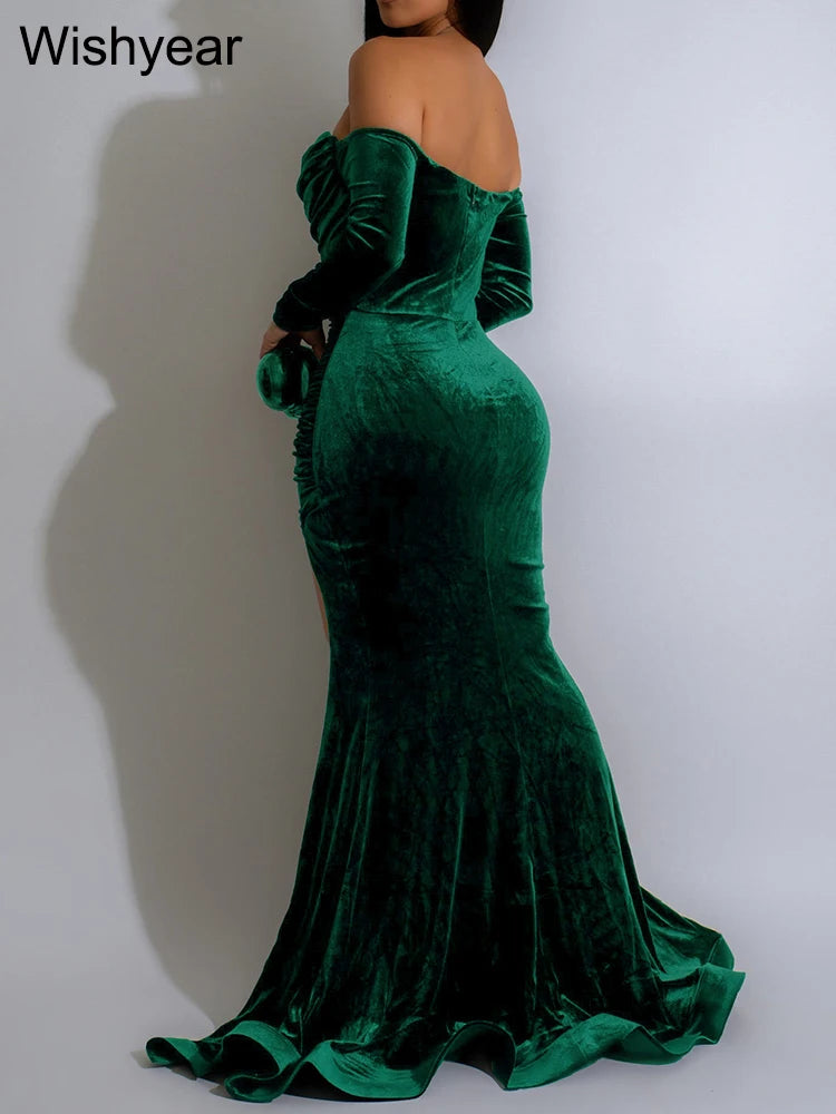 Elegant Women Velvet Off Shoulder Long Sleeve Ruched Split Mermaid Dress Luxury Wedding Evening Birthday Party Festival Vestidos - AMULET RING STORE