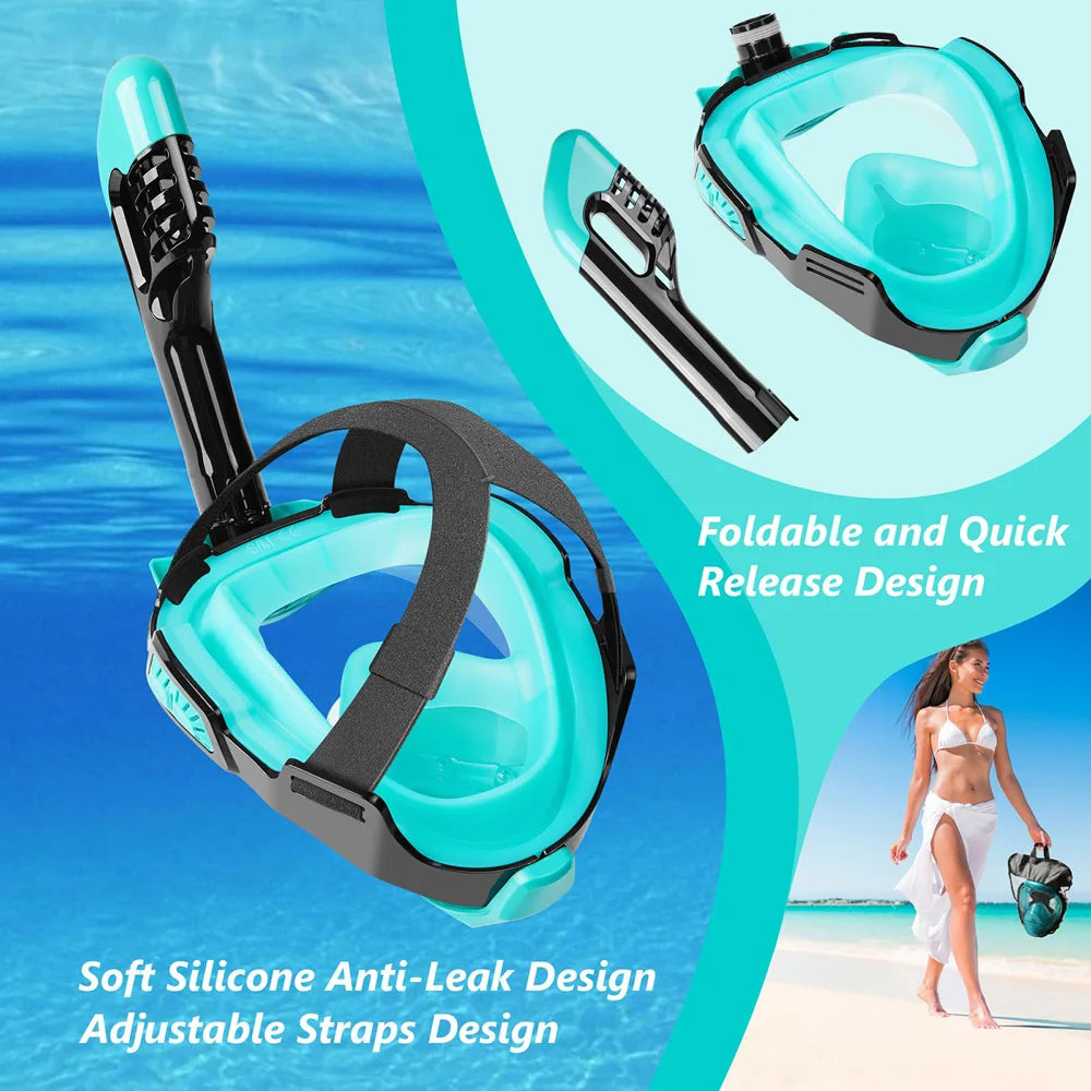Full Face Snorkel Mask with Latest Dry Top Breathing System Detachable Camera Mount for Adults Panoramic View Anti-Leak Anti-Fog - AMULET RING STORE