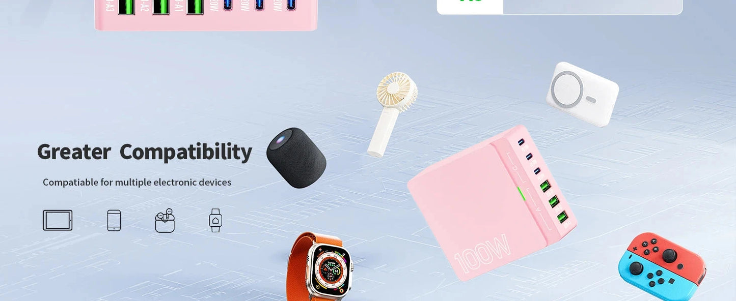 USB C Charging Station:100W 6-Port GaN Fast Charging Hub-PD 3.0 Type C and USB A Charging Case-Wall Charger Power Adapter-Purple