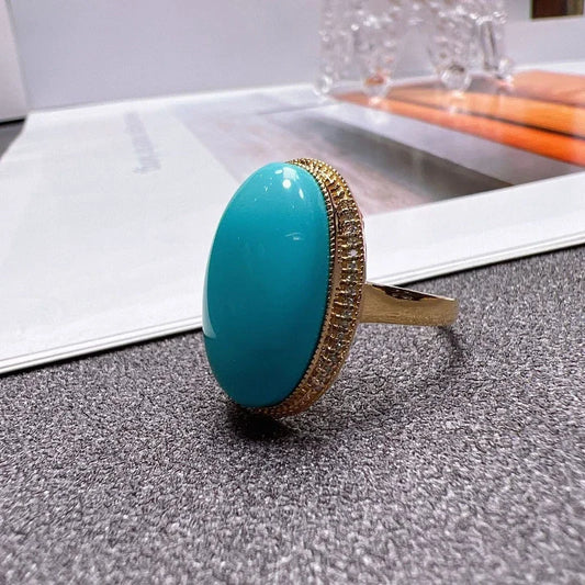 Original design Large oval turquoise rings for women Classic ethnic style Simple blue engagement banquet jewelry adjustable