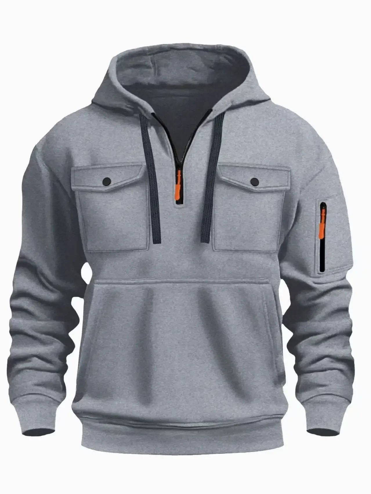 New autumn and winter men's hooded sweatshirt with multiple pockets, long sleeved hooded wool top, men's casual sports jacket