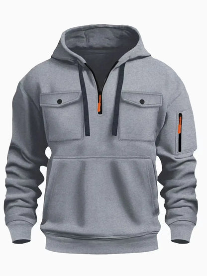 New autumn and winter men's hooded sweatshirt with multiple pockets, long sleeved hooded wool top, men's casual sports jacket