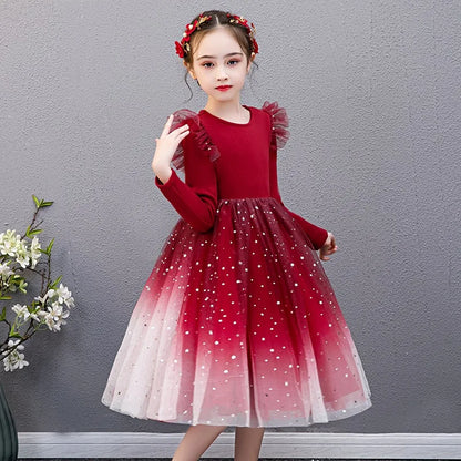 2025 New Red Princess Dress Baby Girls Dress Spring Kids Clothes Dress Party Long-sleeved For Children Dress Rainbow 3-10T