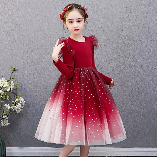 2025 New Red Princess Dress Baby Girls Dress Spring Kids Clothes Dress Party Long-sleeved For Children Dress Rainbow 3-10T