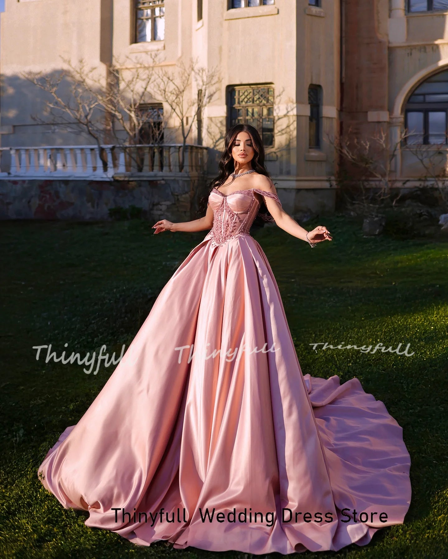 Thinyfull A-line Satin Prom Dresses Sleeveless Beading Appliques Evening Party Gown Split Special Occasion Dress Customized - AMULET RING STORE