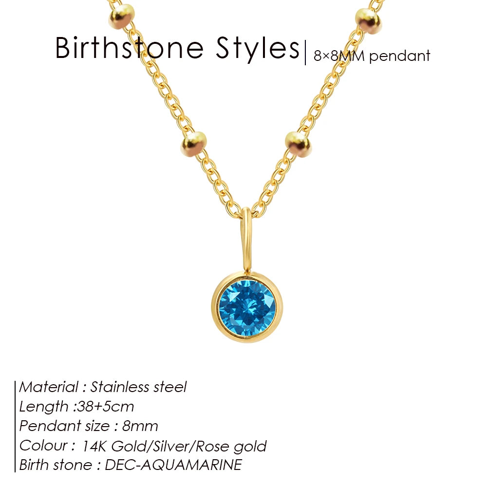 Stainless Steel Birthstone Necklace Beaded Chain Zirconia Pendant DIY Necklace Constellation Birthday Gift Jewelry Wholesale