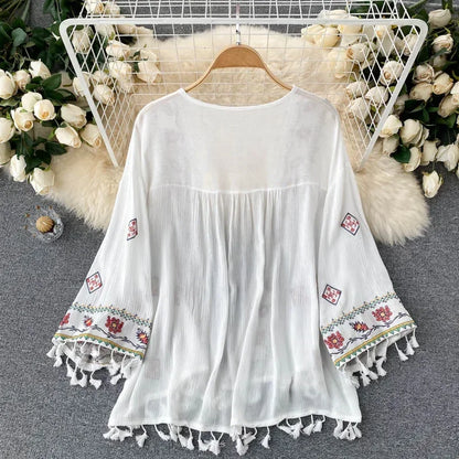 Summer Women's Shirt Bohemian Holiday Style Embroidered Tassel Chiffon Cardigan New Waist Female Slim Short Tops - AMULET RING STORE