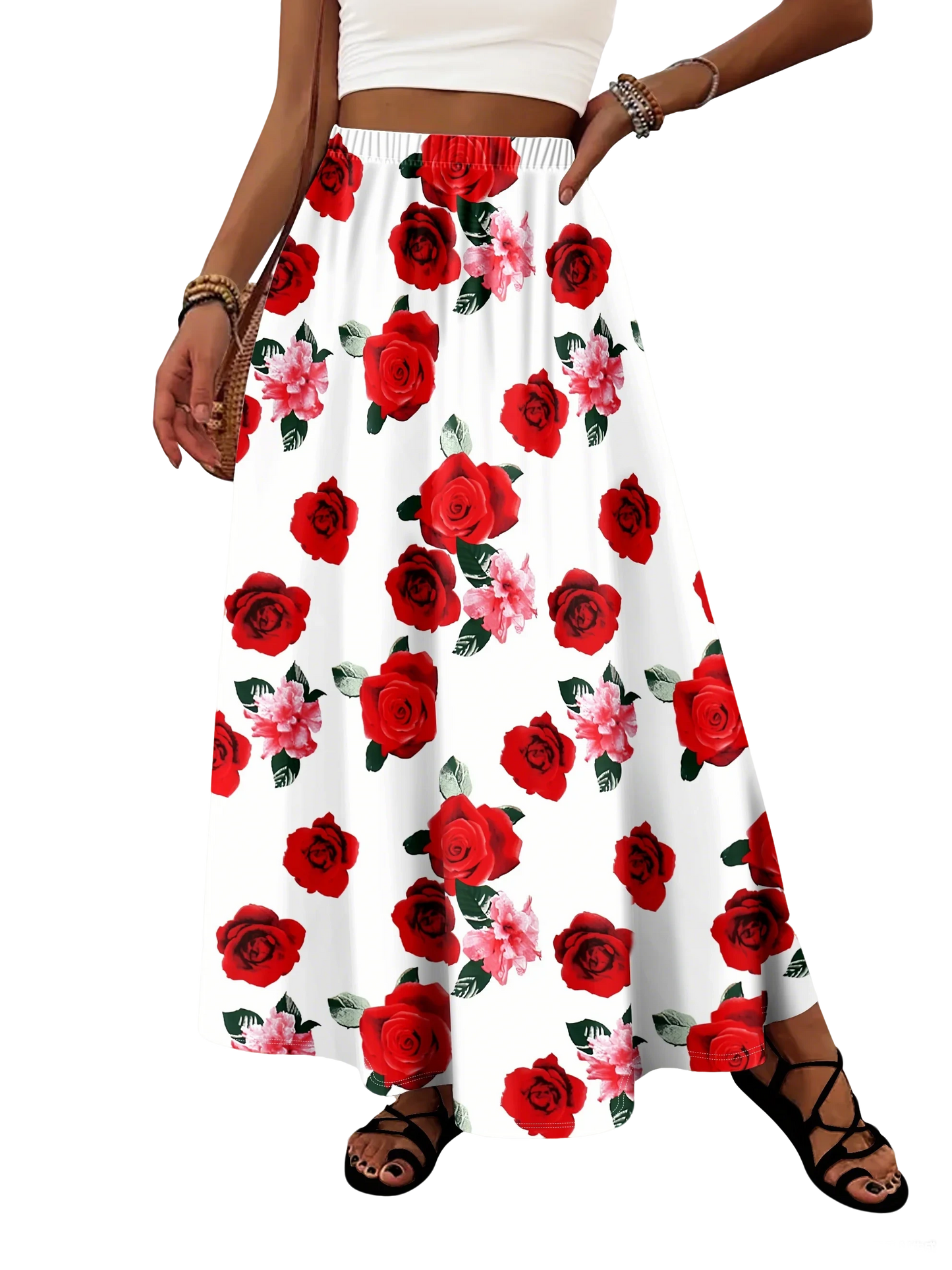 Scarlet Rose & Blush Blossom Print Elastic High - Waist A - Line Vacation Maxi Skirt: Romantic Waltz Vibes
