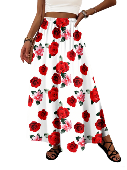 Scarlet Rose & Blush Blossom Print Elastic High - Waist A - Line Vacation Maxi Skirt: Romantic Waltz Vibes