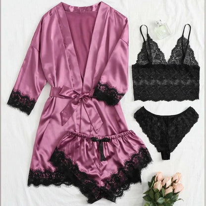 2025New Women's Pajama Fashion 4-piece Set Lace Satin Strap Sexy Pajama Set Dress Skin friendly Comfortable Casual Pajama Skirt - AMULET RING STORE