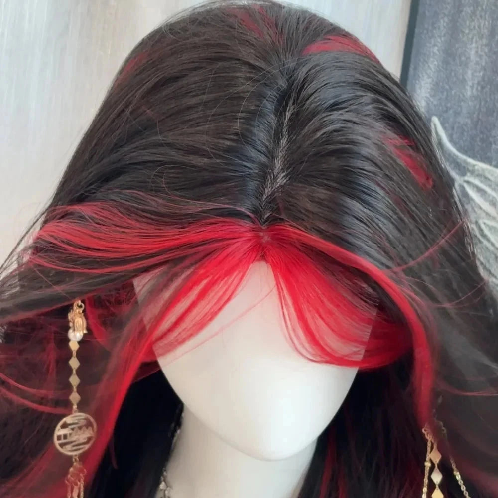 Black Ombre Red Layered Wig Synthetic Long Wavy Women Fluffy Lolita Style Cosplay Wig Middle Part for Daily Party - AMULET RING STORE