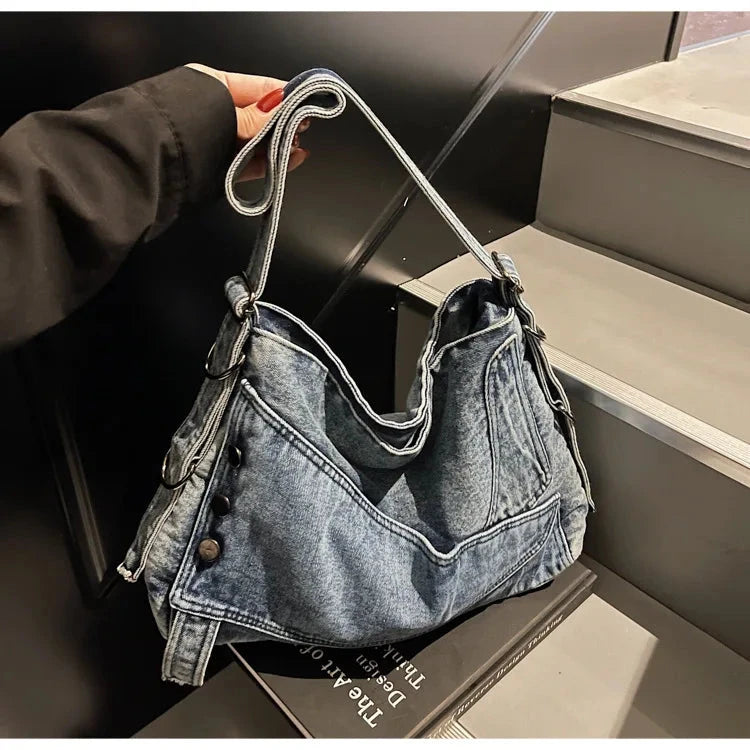 2025 New Women's Denim Tote Bag - Retro Crossbody Shoulder Bag with Large Capacity for Work & Commute, Fashionable Denim Handbag