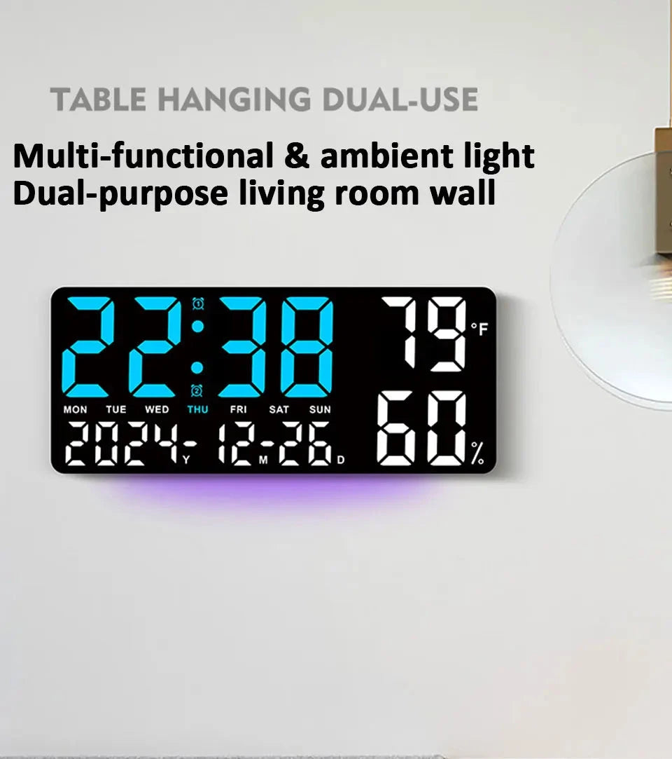 Digital Wall Clock with Atmosphere Lights Remote Control TEMP Humidity Display LED Large Table Clock Multifunctional Alarm Clock