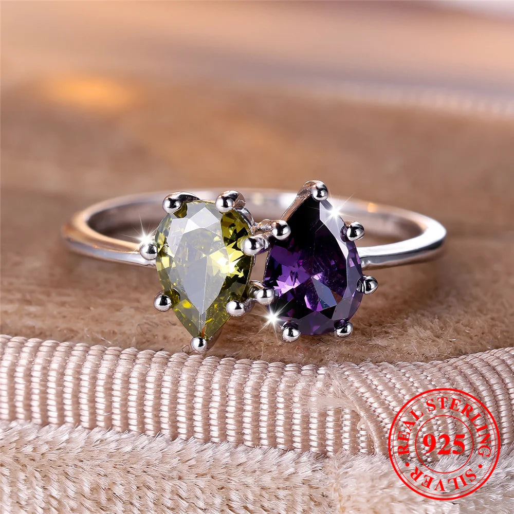 Female Real 925 Sterling Silver Peridot Amethyst Water Drop Engagement Ring Solitaire Vintage Wedding Jewelry For Women