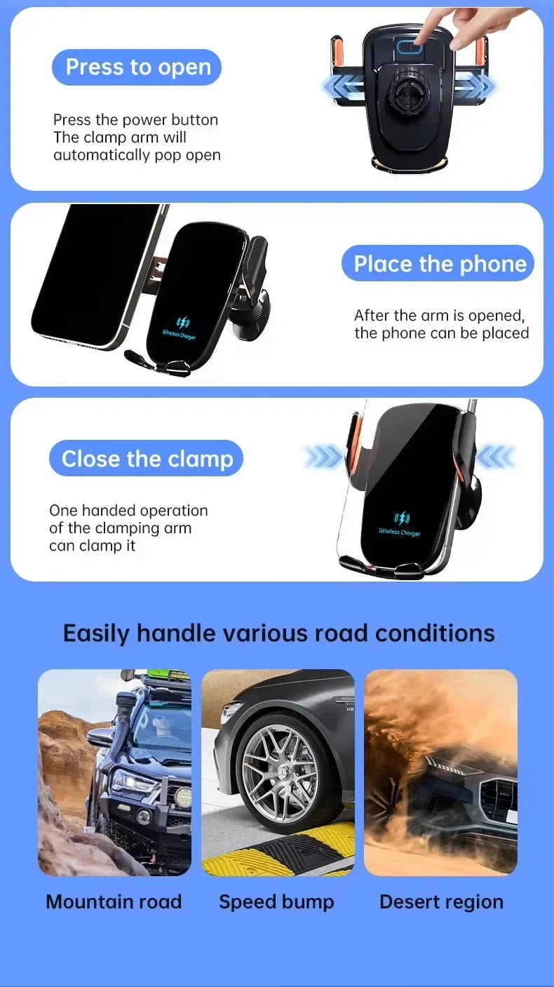 UYUXIO Wireless Car Charger Fast Charge Manual Clamping Air Vent Car Phone Holder for Samsung Android Phones iPhone 16 15 14 13