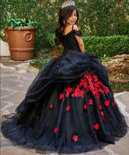Black Flower Girl Dresses for Wedding Red Lace Appliques Girl Kids Birthday Ball Gown First Holy Communion Gowns Customized