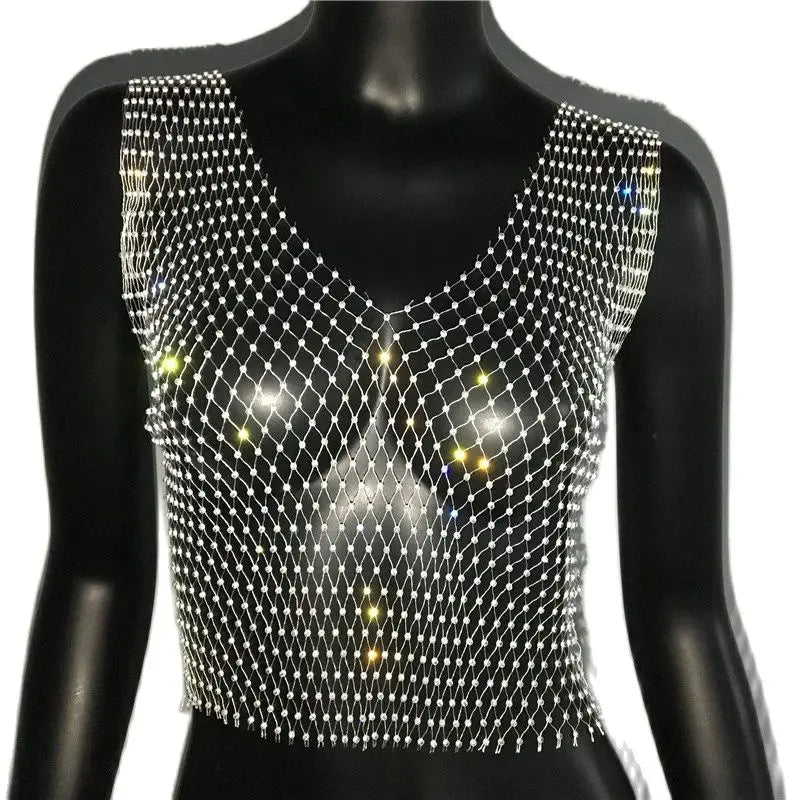 Women's Fishnet Rhinestone Crop Top 2024 Summer Sexy Mesh High Elastic Black White Shirt Net See Through Rave Diamond Tank Top - AMULET RING STORE