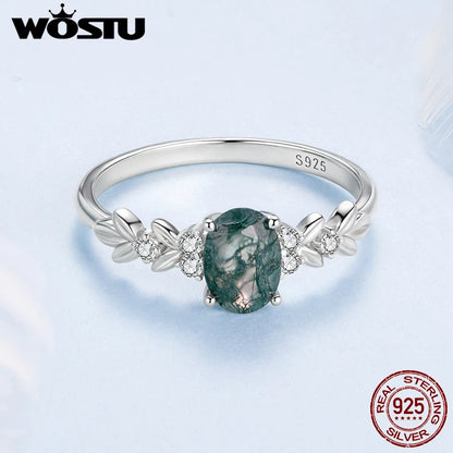 WOSTU Natural Moss Agate Ring For Women  925 Sterling Silver Oval Cut Sea Grass Agate Flower Rings Wedding Party Jewelry Gift