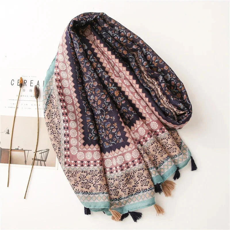 2025 Luxury Retro Bohemian Floral Women Viscose Scarf Designer Shawl Cotton Linen Feeling Tassel Pashmina Muslim Hijab Wrap