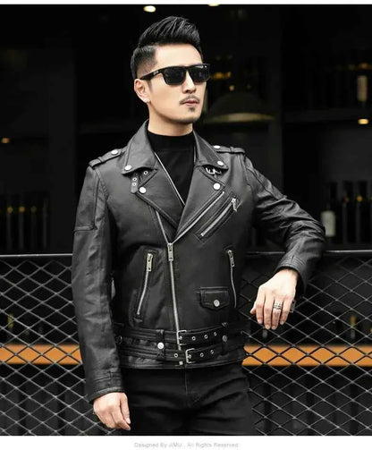Spring Autumn Short Cool Black Leather Biker Jacket Men Zipper Long Sleeve Belt Plus Size European Fashion brand leather jackets
