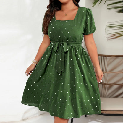 Plus Size Ladies Elegant Retro Polka Dot Waist Tie Square Neck Dress Classic Fashion Summer Short Sleeve Vacation A-line Skirt