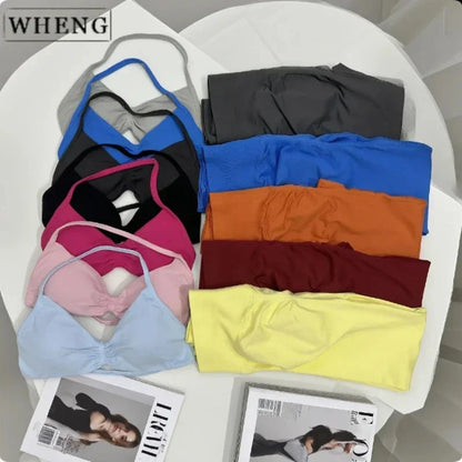 WHENG 2PCS Yoga Fitness Suit Women's Seamless Lace-Up Yoga Bra Top High Waist Workout Scratch Shorts Sports Suit Fitness Suit