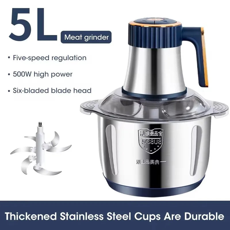 Electric Meat Grinders 5L Food Crusher Stainless Steel Multifunctional Vegetable Slicer Processor Chopper Kitchen Blenders - AMULET RING STORE