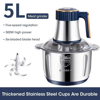 Electric Meat Grinders 5L Food Crusher Stainless Steel Multifunctional Vegetable Slicer Processor Chopper Kitchen Blenders - AMULET RING STORE