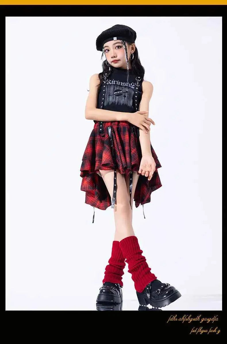 Hip Hop Girls Crop Top Plaid Street Dance Skirt Kids Ribbon Pleated Skirts Teens Jazz Cool Costumes Child Streetwear Clothes Set