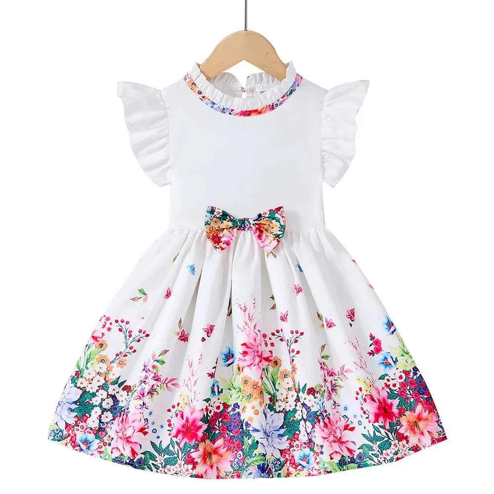New Kids Girl Dress Summer Floral with Bow Fashion White Vestidos Short Sleeve Children Clothing Outfits Casual Printed  Dresses
