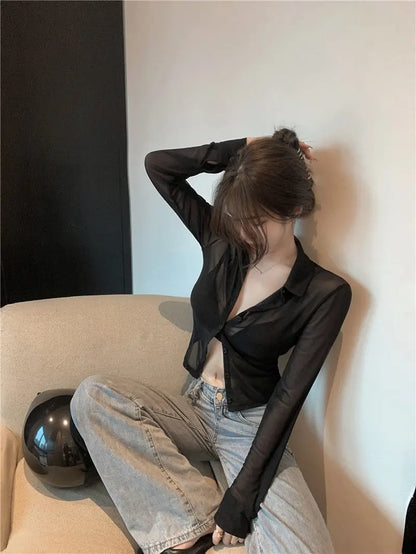 Bla Lace irt Sexy Thin Sun Protection Women's Summer New Pure Desire Versatile Slim ort Top Korean Sle Collar Lo... - AMULET RING STORE