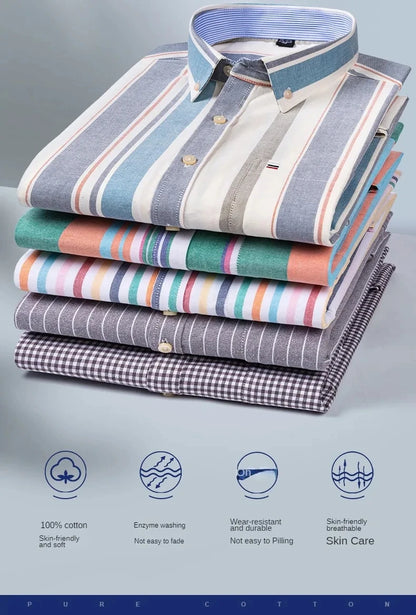 100% Cotton Oxford Men's Shirts Long Sleeves Plaid Soft Regular Fit Formal Dress Shirt Pocket Social Blouse Male Clothes S-7XL