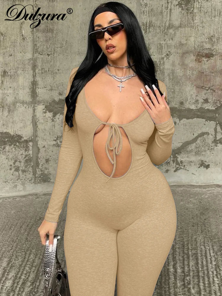 Dulzura Solid Pure Hole Hollow Out Straps Lace-Up Jumpsuit Long Sleeves 2023 Summer Autumn For Women Sexy Streetwear Wholesale - AMULET RING STORE